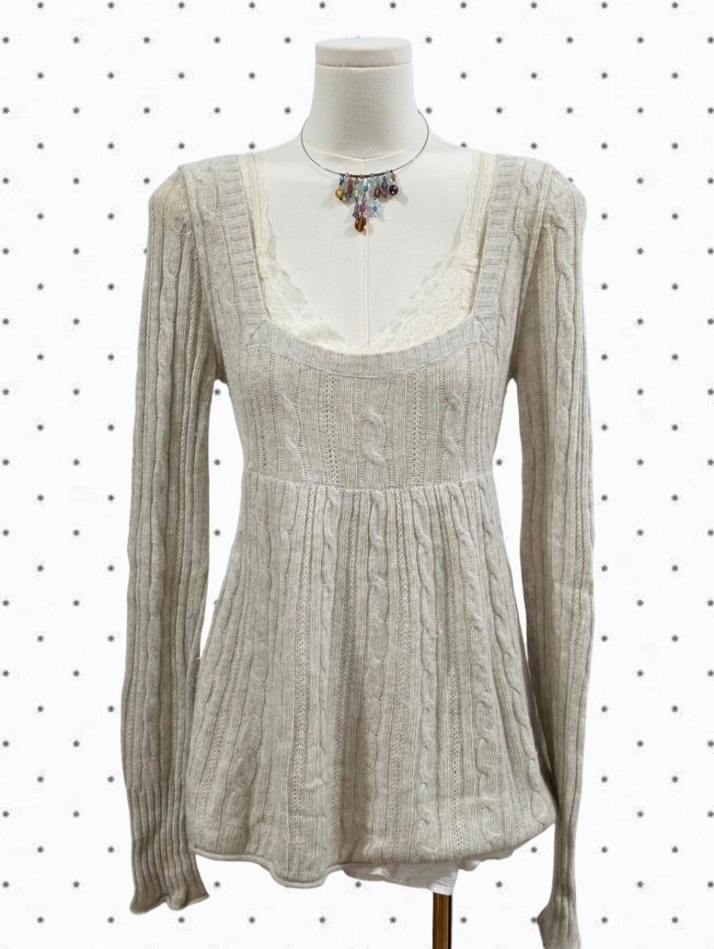 Abercrombie vintage cream grey cable knit square neck sweater babydoll top - Picture 1 of 6